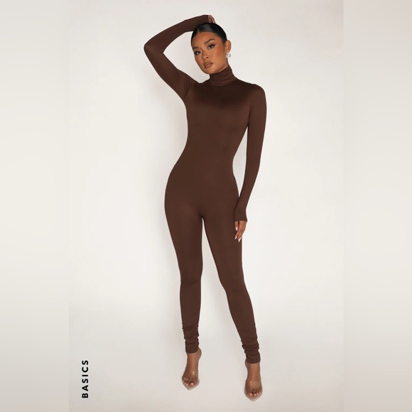 CHOCOLATE BROWN HIGH NECK FLEECE LINED JUMPSUIT - Picture 2 of 10